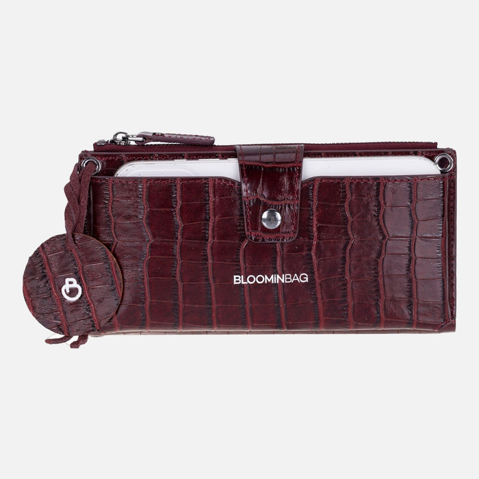 Burgundy Croco Lozan Hakiki Deri Çapraz Askılı Telefon Bölmeli Cüzdan Çanta