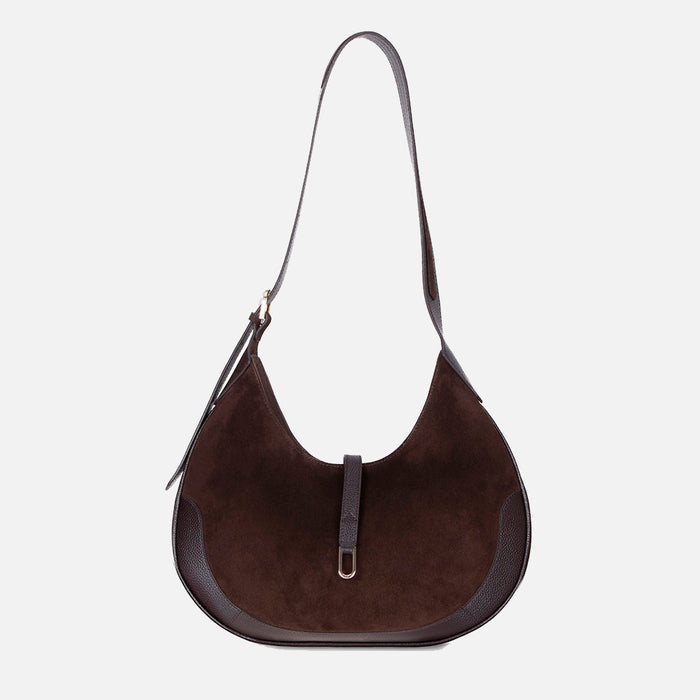 Crescente Walnut Suede Hakiki Deri Kadın Yarım Ay Formlu, El Yapımı Omuz Çantası
