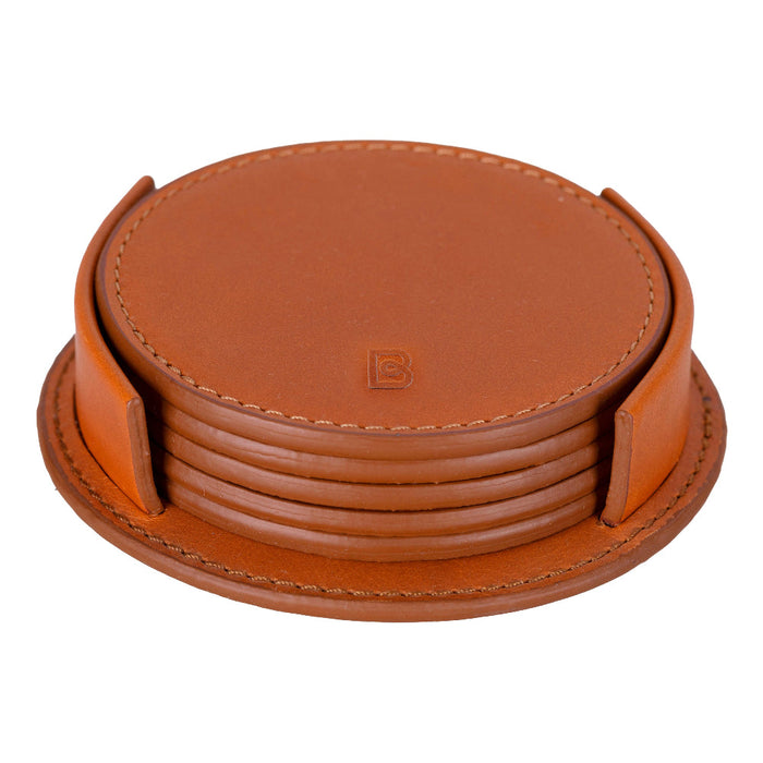 Lavion Sandy Tan Deri Yuvarlak Bardak Altlığı Seti (5'li)