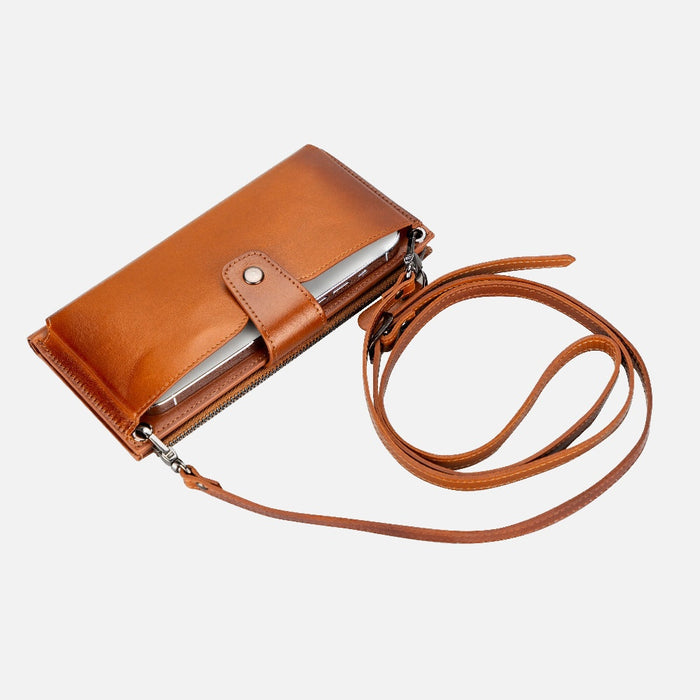 Lozan Strap Cognac Tan Gerçek Deri Çapraz Askılı Telefon Bölmeli Cüzdan Çanta