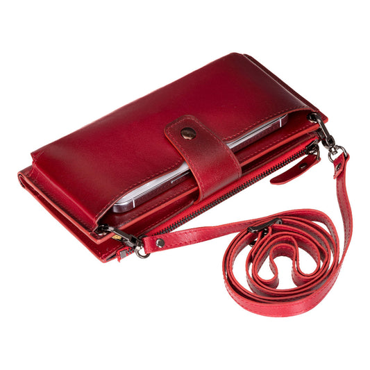Lozan Strap Crimson Red Gerçek Deri Telefon Bölmeli Çapraz Cüzdan