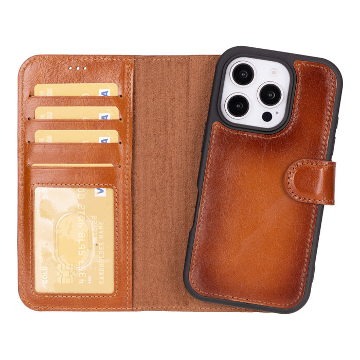 AUREL MAGNA Golden Tan Deri iPhone 16 Pro  (6.3") Wallet Case – RFID Korumalı & MagSafe Uyumlu