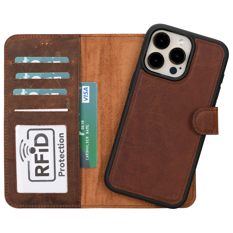 BloomCase Apple iPhone 16 Pro Max(6.9") – Mahogany Brown Hakiki Deri Cüzdanlı Telefon Kılıfı