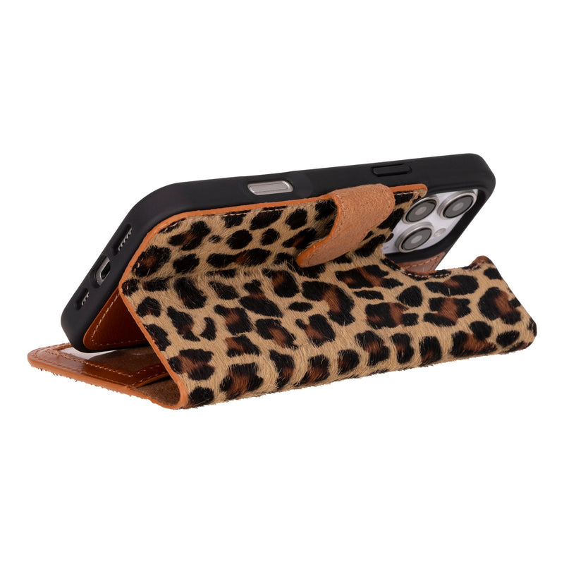 BloomCase Apple iPhone 16 Pro Max(6.9") – Leopard Hakiki Deri Cüzdanlı Telefon Kılıfı