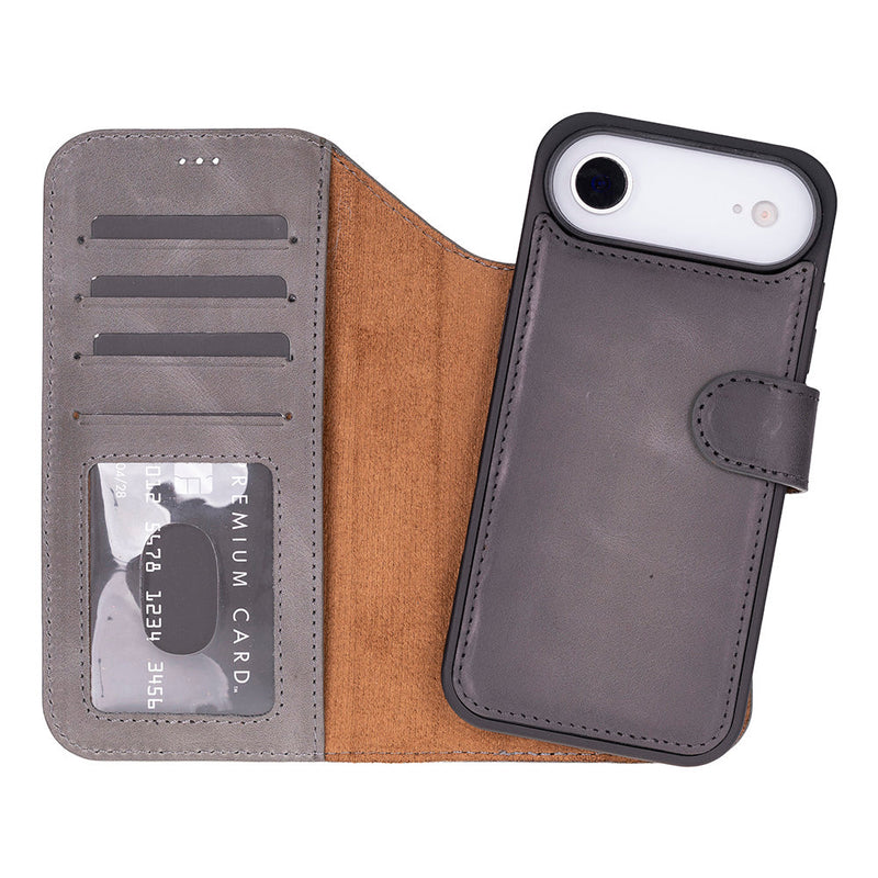 BloomCase Magic Wallet Ash Mist Gray Hakiki Deri iPhone 17 Air(6.5") Cüzdanlı Telefon Kılıfı