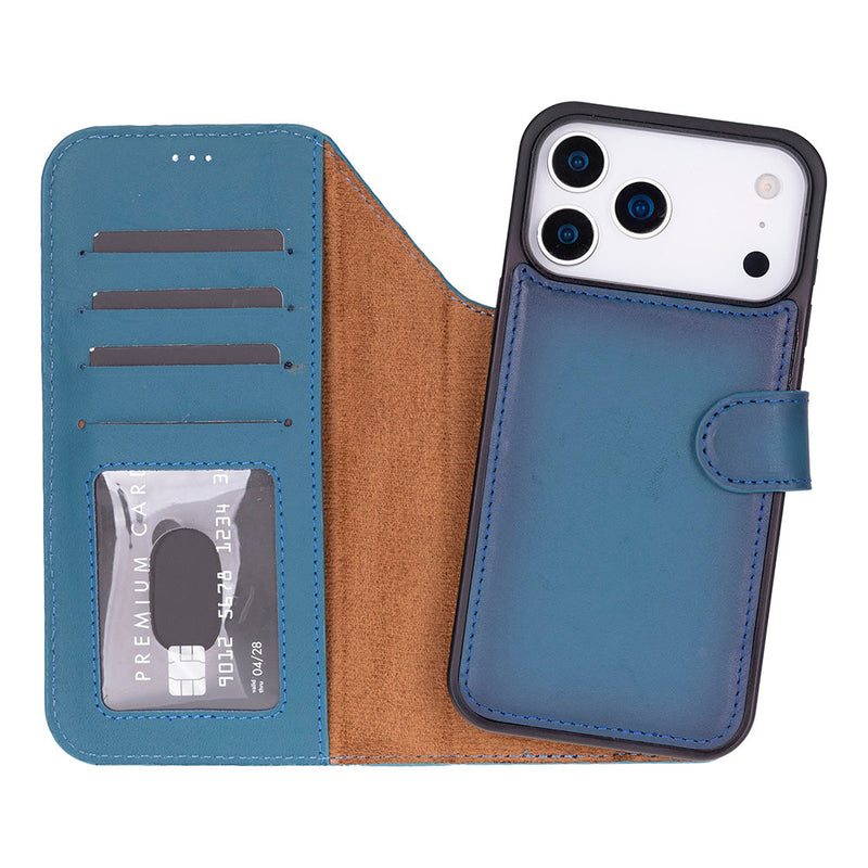 BloomCase Magic Wallet Midnight Blue Apple iPhone 17 Pro (6.3") Hakiki Deri Çıkarılabilir Cüzdanlı Telefon Kılıfı