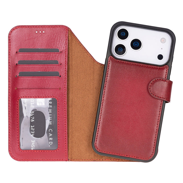 BloomCase Magic Wallet Crimson Red Apple iPhone 17 Pro (6.3") Hakiki Deri Çıkarılabilir Cüzdanlı Telefon Kılıfı