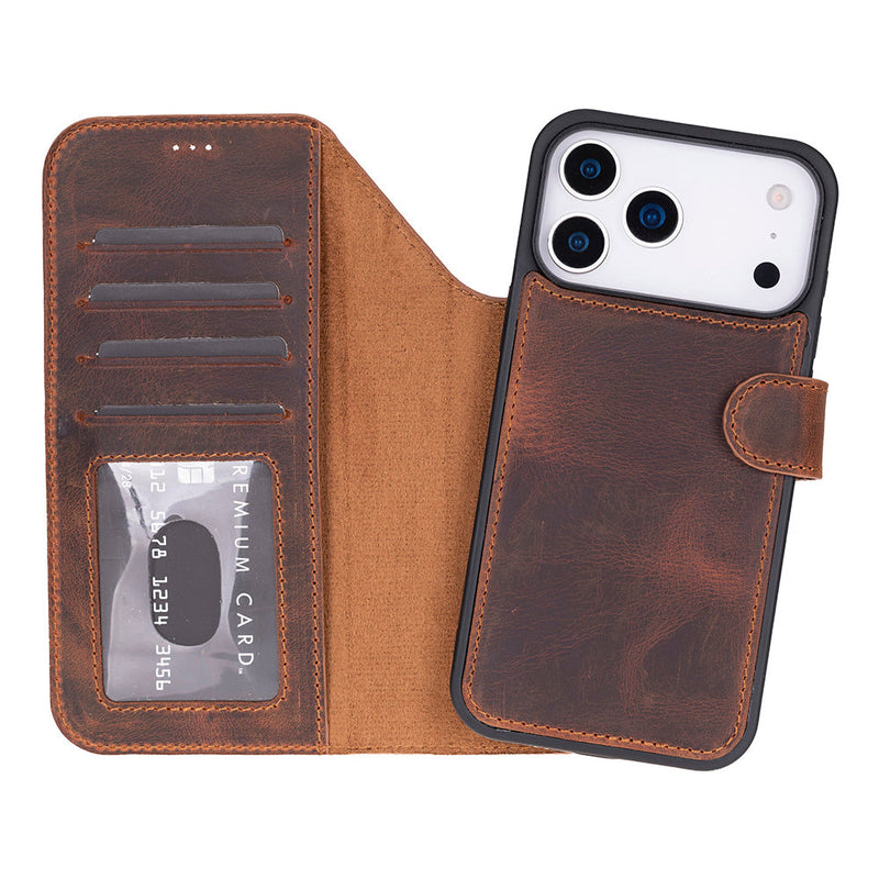 BloomCase Magic iPhone 17 Pro Max(6.9") Mahogany Saddle Ayrılabilir Hakiki Deri Cüzdanlı Telefon Kılıfı