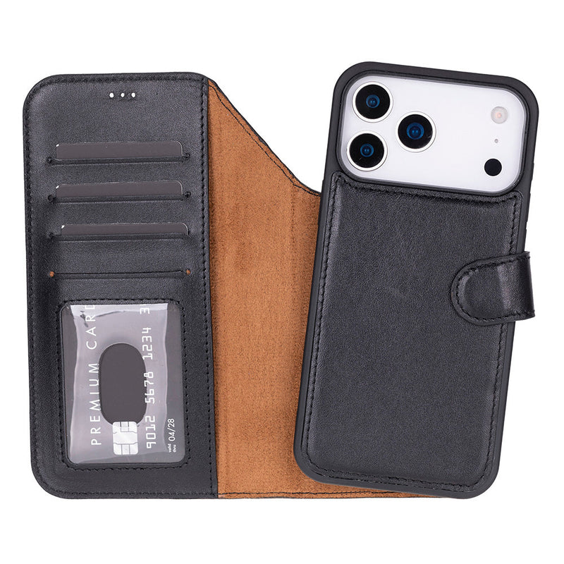 BloomCase Magic iPhone 17 Pro Max(6.9") Obsidian Black Ayrılabilir Hakiki Deri Cüzdanlı Telefon Kılıfı