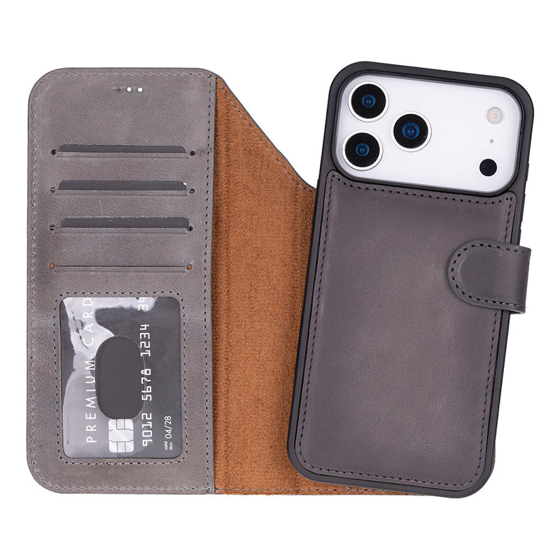 BloomCase Magic iPhone 17 Pro Max(6.9") Ash Mist Ayrılabilir Hakiki Deri Cüzdanlı Telefon Kılıfı